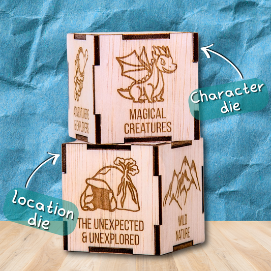 Wooden dice with engraved designs and text on a blue textured background