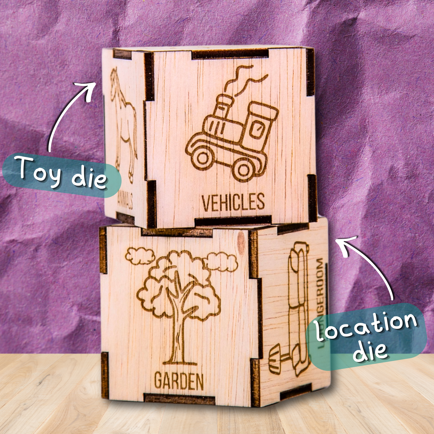 Play Quest imaginative play dice set for kids with wooden toy and location dice