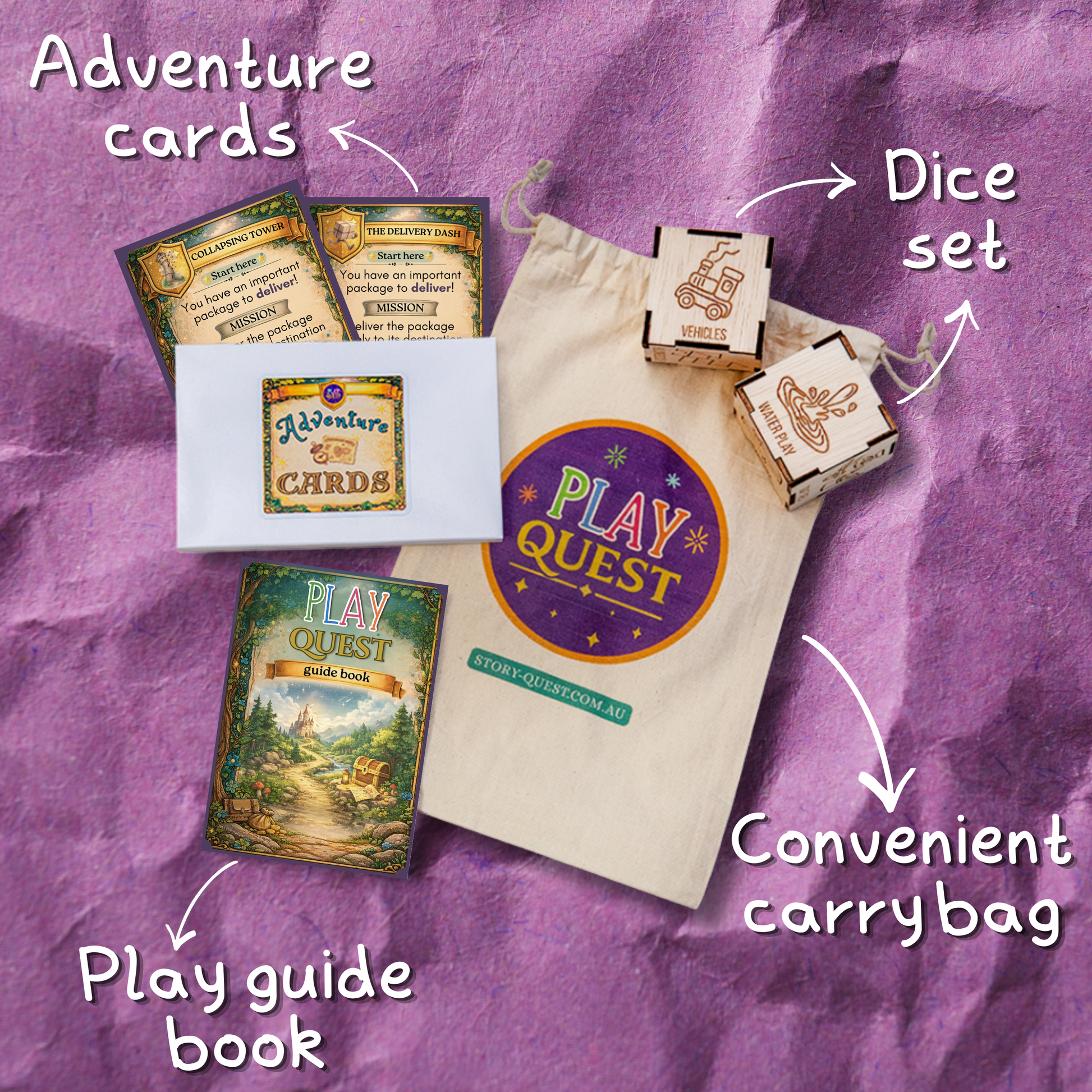 Play Quest game components including cards, dice set, and guide book on a purple background