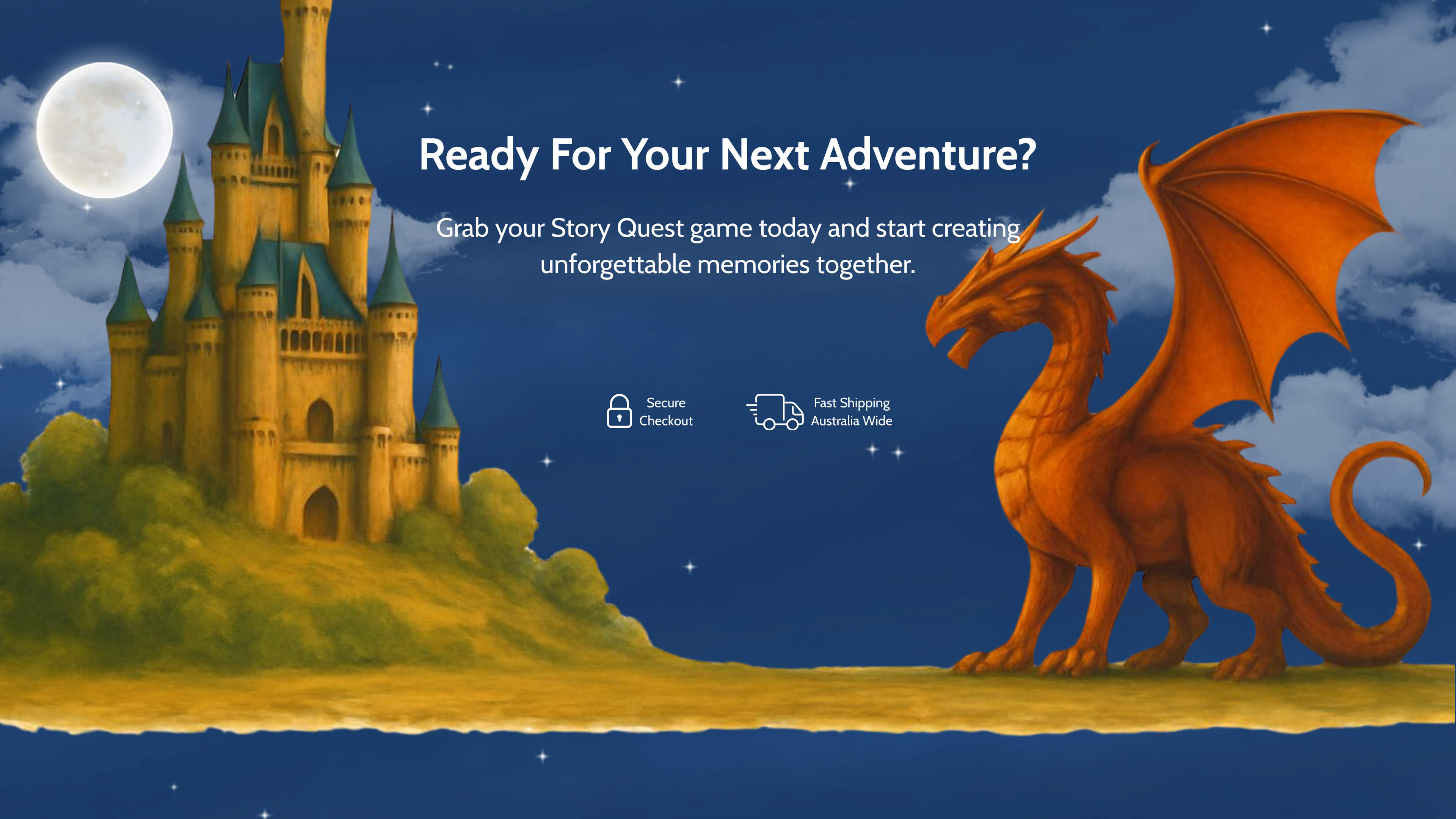 Fantasy scene with a castle and dragon under a moonlit sky, promoting an adventure game.