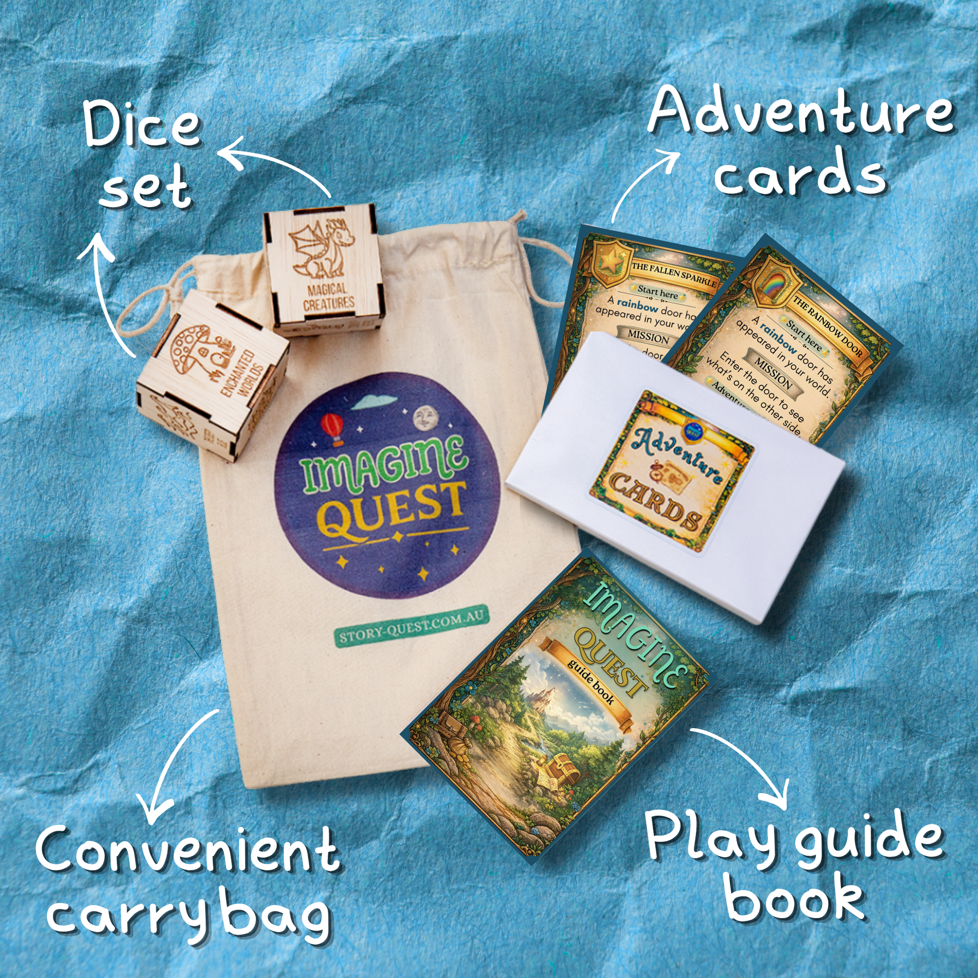 Imagine Quest game components including dice set, adventure cards, play guide book, and convenient carrybag on a blue textured background.